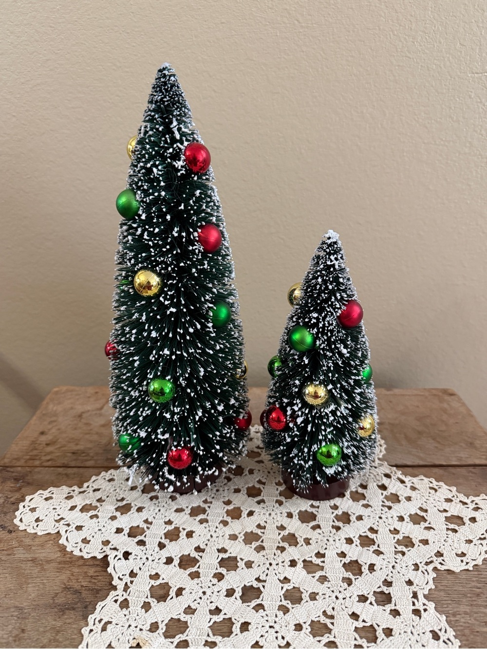 Home Holiday Bottle Brush Christmas Trees with Red, Green & Gold Ornaments